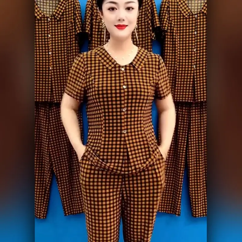 Quần Áo Mùa Hè Cho Mẹ, Bộ Đồ Hai Mảnh ngắn Tay, Bộ Đồ Nữ Trung Người Già Và Cao Tuổi, Bộ Áo Phông Cổ Tròn, Áo Sơ Mi Nhỏ Dáng Rộng Vừa Vặn, Thích Hợp Cho Phụ Nữ 50 Đến 60 Tuổi, Phong Cách Y2g 3