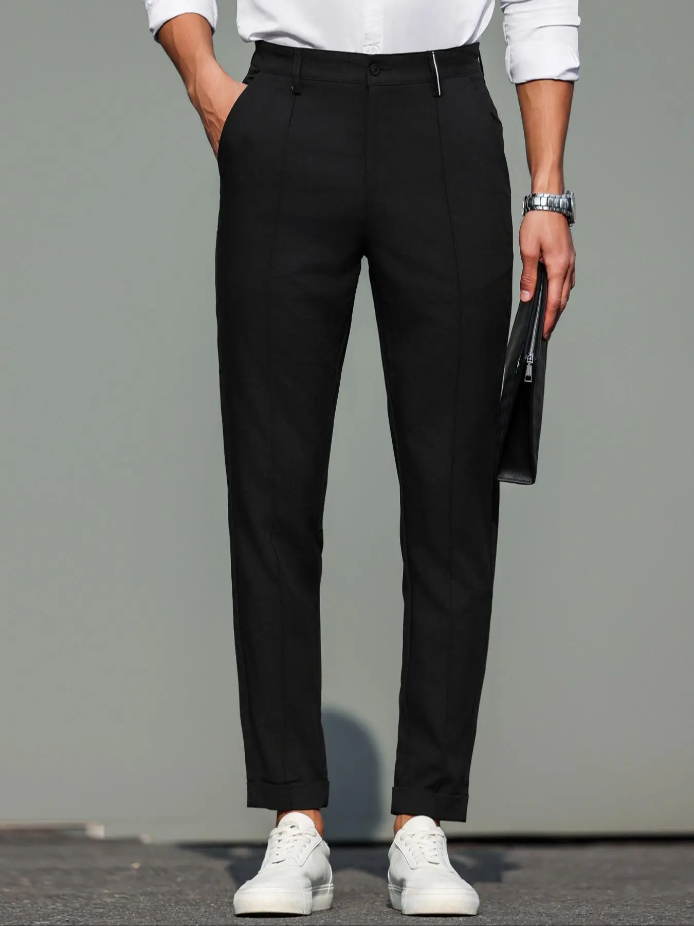 Men's Solid Color Stretch Suit Pants, Slim Business Formal Pants for Work Office, Fashion Men's Clothes for All Seasons, Menswear