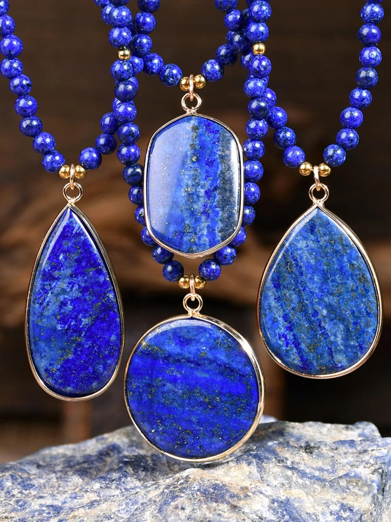Blue Lapis Lazuli Pendant, 4mm Round Bead Handmade Necklace. Ideal Gift for Women on Birthdays Or Holidays. Retro Vacation Accessory