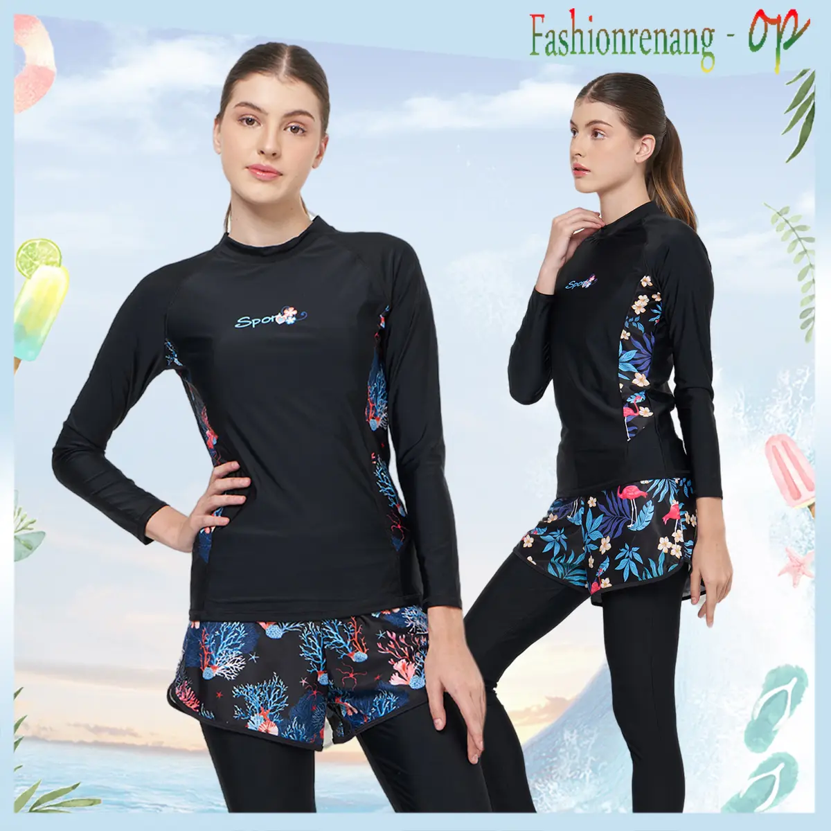 Fashionrenang - OP 31013 Baju Renang Wanita Dewasa Muslim Dua Piece Lengan Panjang dengan Hijab Bahan Spandex Lycra Nyaman Elastis Size M-4XL