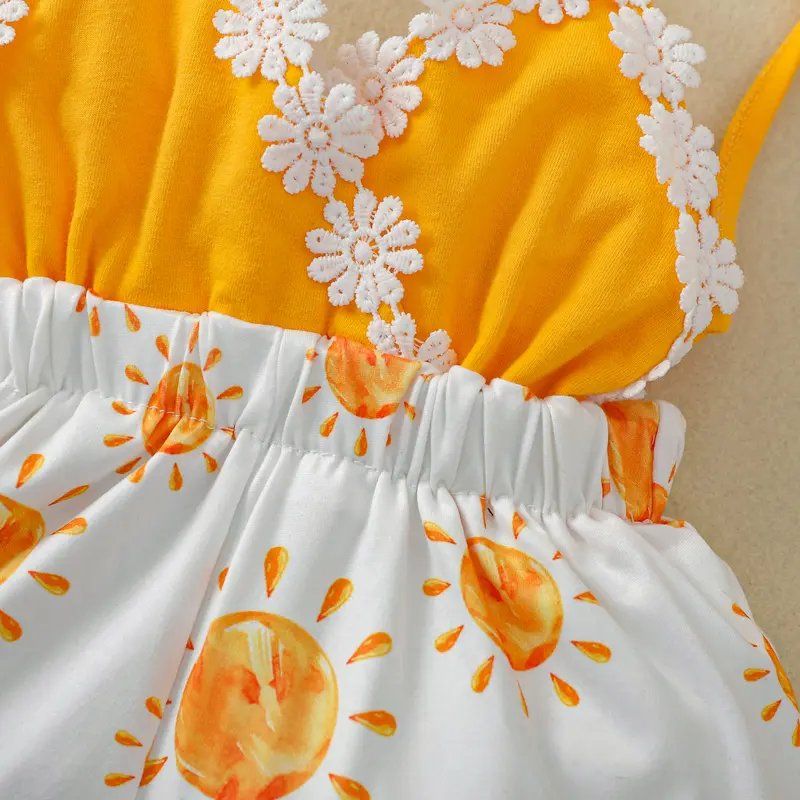 Newborn Casual Style Romper, Baby Girl Sleeveless Sun Print V-neck Playsuit with Decorative Flower Yellow 3