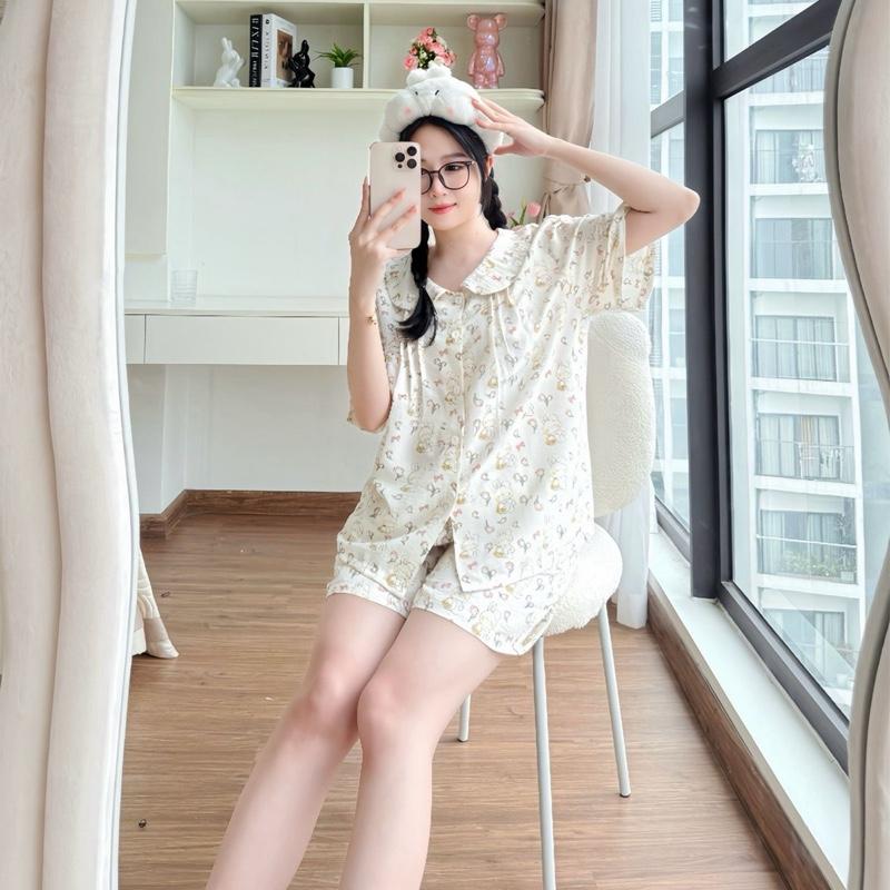 Bộ Ngủ Thỏ Trắng Chibi NT6, Chất Vải Đũi Mềm Dáng Ngắn mặc trong nhà hoặc đi chơi - Đồ ngủ Nana