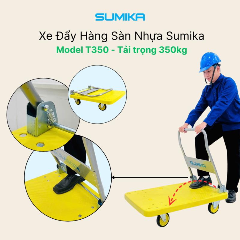 Xe đẩy hàng sàn nhựa PP SUMIKA T350, tải trọng 350kg, màu vàng, bánh xe nhựa PU đàn hồi 4