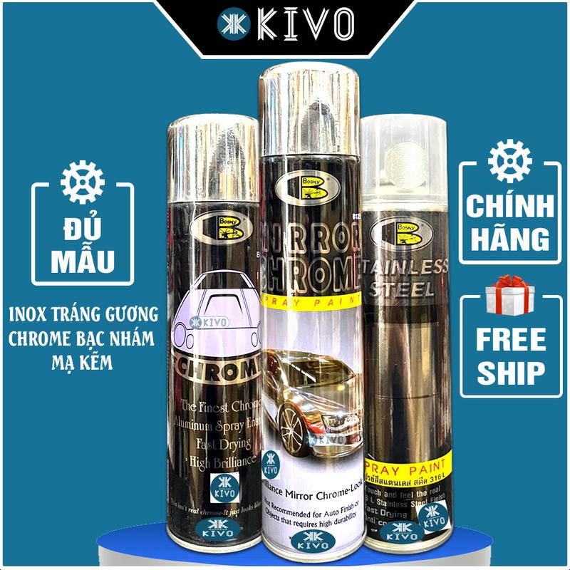  Sơn Mạ Crom Inox BOSNY CHÍNH HÃNG Có Hiệu Ứng Tráng Gương - Sơn Mạ Inox Kẽm Chrome Bạc  - Sơn Xịt Kivo 
