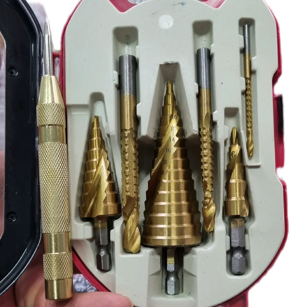 Mũi khoan tháp chuôi lục giác 4mm-32mm, mũi khoét 3mm-8mm kèm cây lấy dấu - Khoan kim loại mềm, nhựa, gỗ