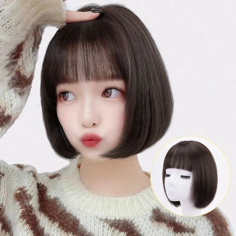 Wig for Women,Wig Women's Short wig, Short Straight Wig, Korean Style Wig, Chemotherapy Wig, Student Round Face Bobo Head Wig, Fashion Whole Top, Age Reducing Wave Head Wig 1