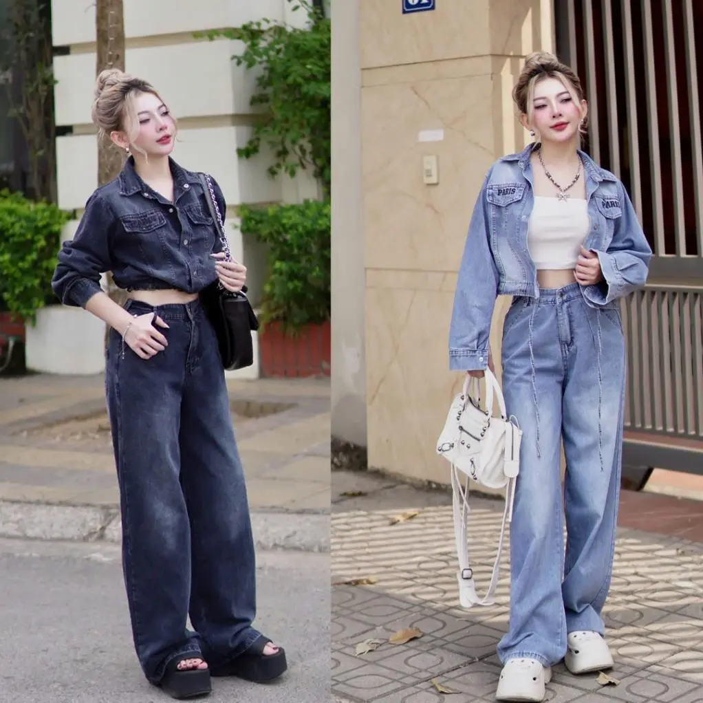 Sét Bộ Jeans Nữ  HÀNG CAO CẤP  Bộ Jeans Cổ Đức, Quần Suông Dài Phong Cách Trẻ Cho Nữ, Chất Liệu Bò Mềnm SBD019