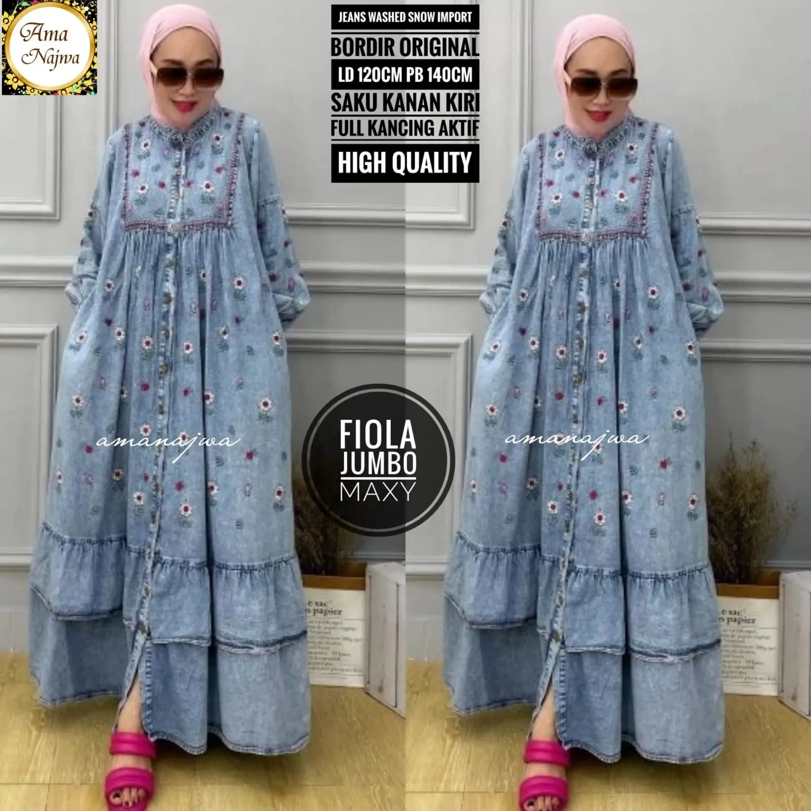GAMIS JEANS JUMBO XXL-XXXXL LD 120 -140 CM-GAMIS BORDIR JEANS MAXY Muslim Wanita Dress Maxi Dewasa Syari Pesta Mewah