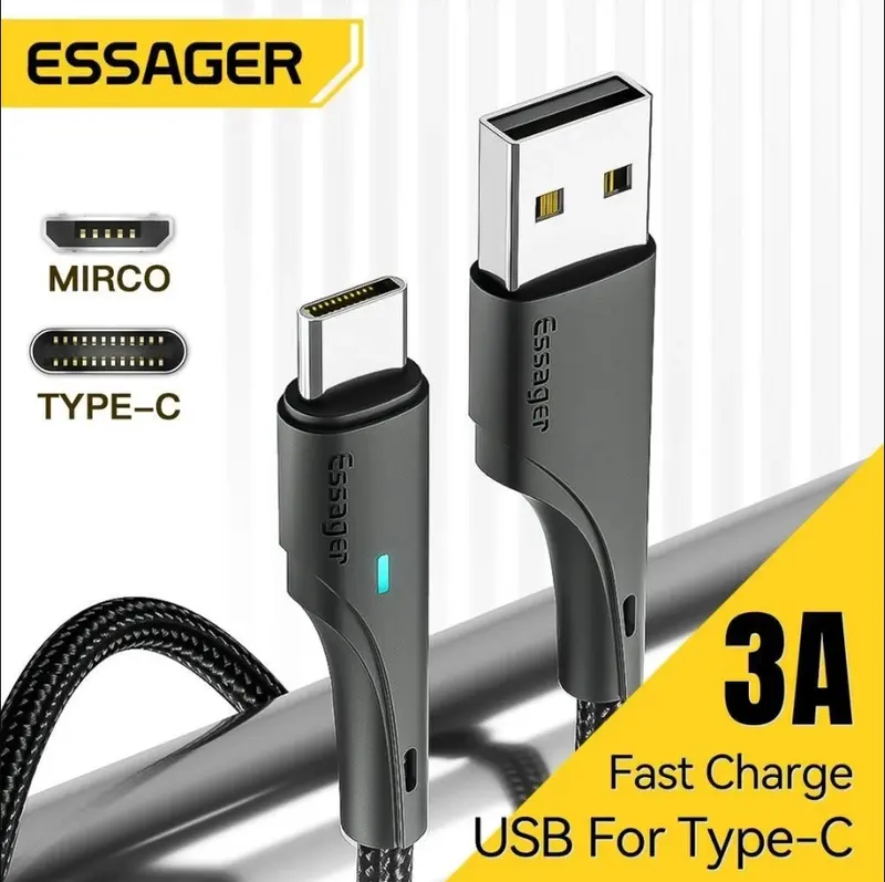 Essager Nóng bán Dây Cáp Sạc Nhanh 3a type c / micro usb 2m / 3m 2 Trong 1 Cho Điện Thoại android 0