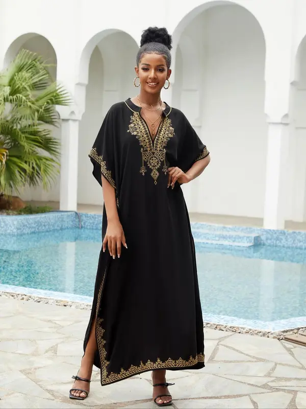 【Plus Size】Ethnic Pattern Split Hem Arabian Dress, Modesty Elegant Batwing Sleeve Notched Neck Long Dress, Holiday Dresses, Muslim Dresses for Women, Summer Kaftan Dress, Wedding Guest Dress, Plus Size Dresses 0