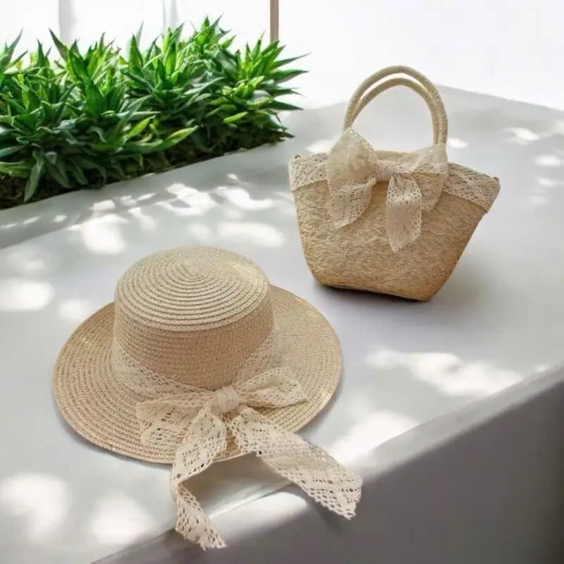 Combo Túi cói nhỏ đeo chéo nơ ren + mũ vành nhỏ nơ ren 4