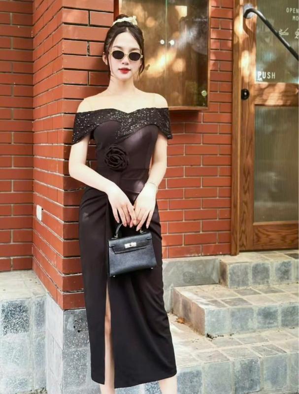 b32 Váy thiết kế phối kim hoa gắn hoa ở eo Đầm body phù hơpj đi chơi đi tiệc