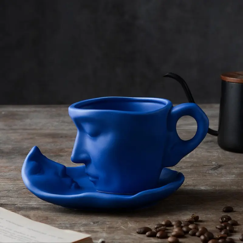 Creative Face Design 250ml Coffee Cup & Saucer Set, 2pcs Ceramics Coffee Mug for Table Novelty Coffee Cup Set for Home Office, Gift Ideas 0