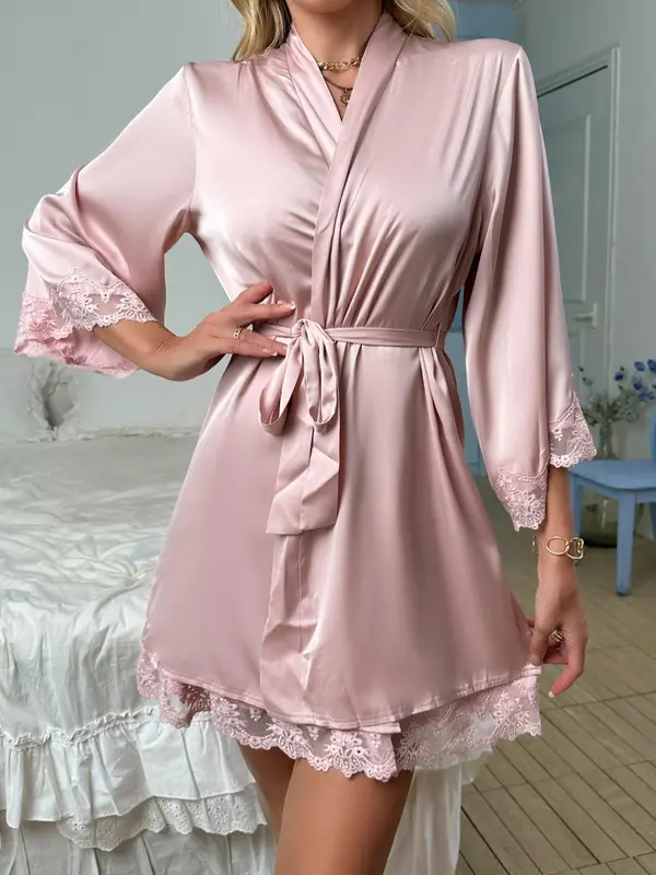 Women's Plain Contrast Lace Pyjama Set, Elegant Cami Nightdress & Belted Lounge Robe, Fashion Summer Clothes Women, Womens Clothes, Ladies Sleepwear & Loungewear, Pajama Sets Women, Women's Clothes 8