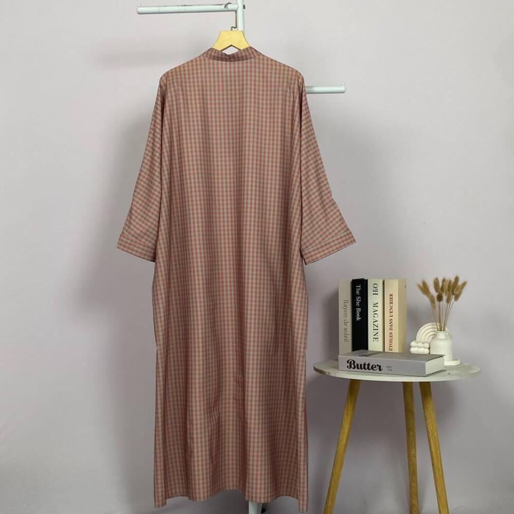 Asaya Gamis Wanita Elegan Motif Garis Kotak Biru Abu Modern Kekinian