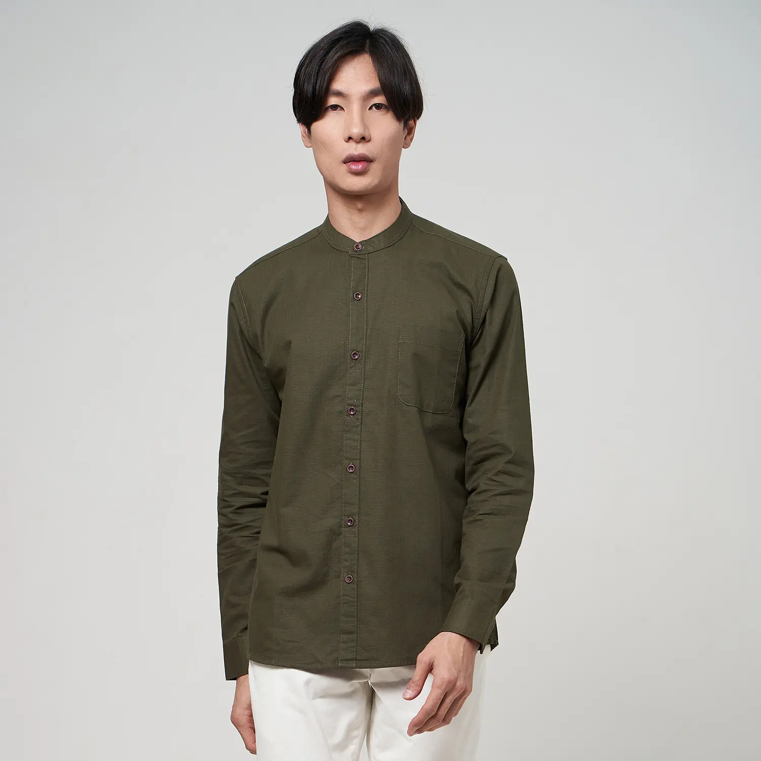 ALINO Kemeja Pria Kerah Sanghai Polos Lengan Panjang HIJAU ARMY 056 Nyaman Basic Casual Fit Formal Hitam Slim Baju Kantor Slimfit Cowok Navy Kerja Hem Katun Coklat