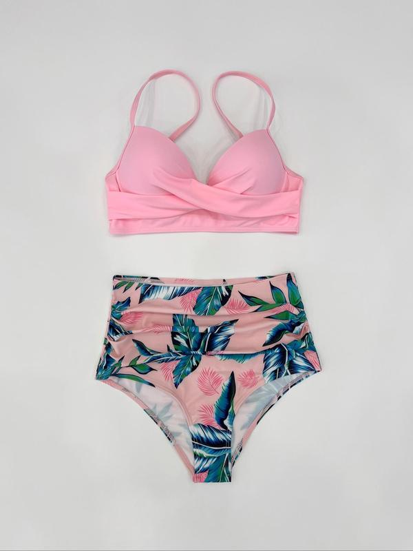 Two-piece Set Women's Plain Top & Tropical Print Bottom Bikinis Set, Twist Push Up Swim Top & High Waist Ruched Swim Bottom, Summer Outfits 2024, Swimwear for Beach Holiday Curvy Holiday Outfits 2024, Girly Tops, Bikini Sets,  Co-ord Sets for Women 8