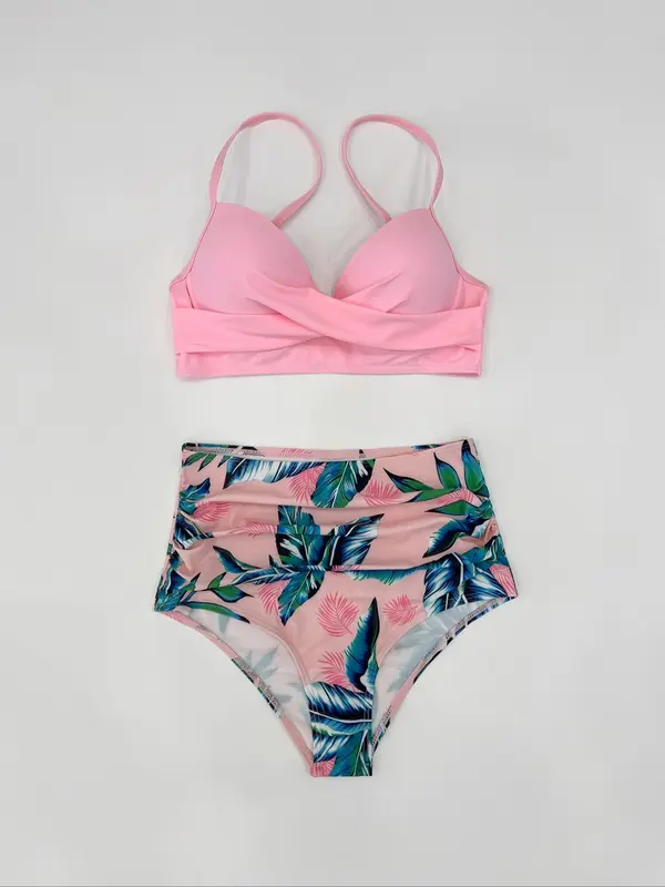 Women's Plain Top & Tropical Print Bottom Bikinis Set, Twist Push Up Swim Top & High Waist Ruched Swim Bottom, Summer Outfits 2024, Swimwear for Beach Holiday Curvy Holiday Outfits, Girly Tops, Bikini Sets, Co-ord Sets for Women, Swimsuit Women 8
