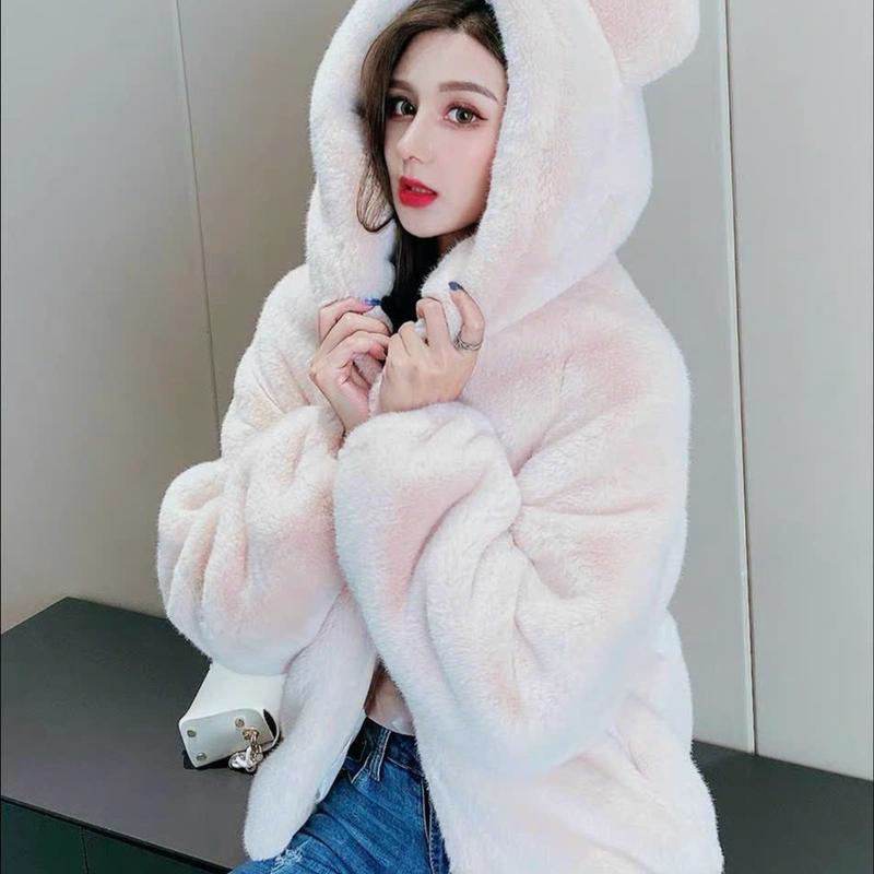 Áo Khoác Lông Trơn Mũ Có Tai Thỏ mã 905 Nữ Top Jacket Voi
