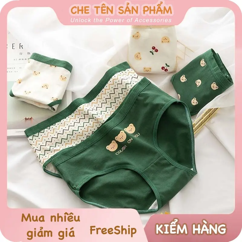 Set 10 quần lót nữ cotton cute gấu xanh lá, quần chip nữ cotton giãn, thấm hút mồ hôi, ôm mông, kháng khuẩn - Pinksoul