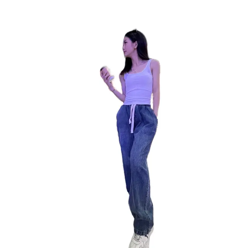 Quần Jeans Nữ Lưng Chun ống Suông Dây Rút Màu Dơ Free Size Dưới 65kg Tua Rua Ong Pants Women - Xưởng may Mỹ Nhung quan  jean qc 0