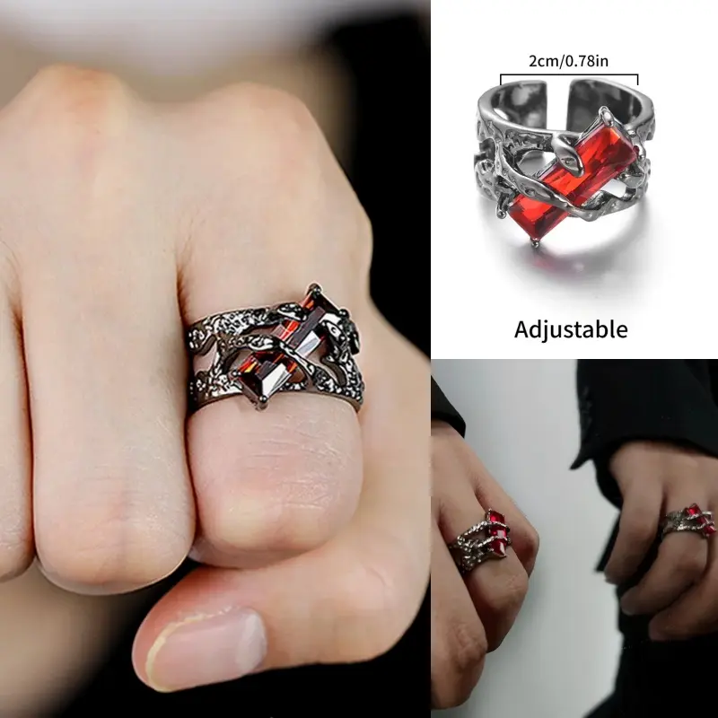 Cincin Ruby Duri Tidak Teratur Retro Hip-Hop Kepribadian Cincin Jari Dapat Disesuaikan untuk Pria Wanita