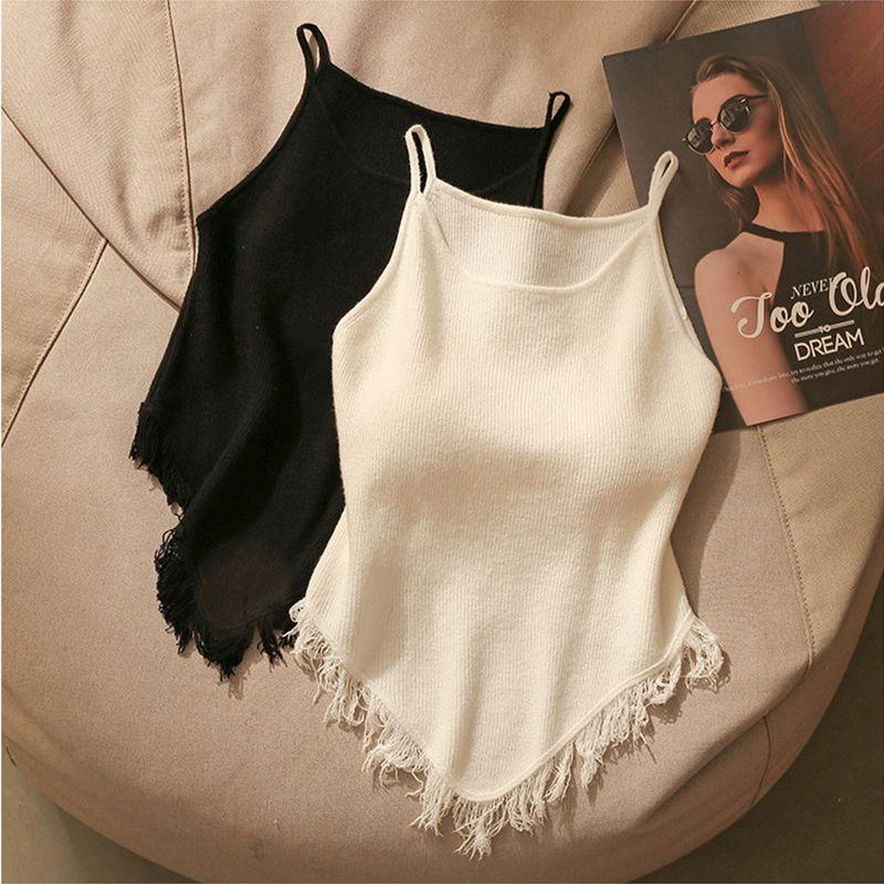 Áo Ba Lỗ Nhỏ Dệt Kim, Thiết Kế Tua Rua Cổ Yếm Bất Đối Xứng Dáng Ôm, Dành Cho Nữ, Vừa Vặn Đẹp, Có Thể Mặc Bên Trong Hoặc Bên Ngoài, Ngắn Cô Gái Nóng Bỏng, Hàng Đầu