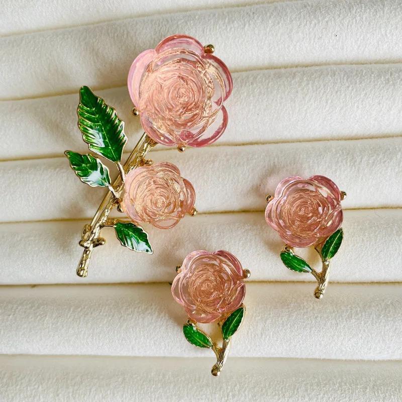 Vintage Rose Flower Brooch, Silver Needle Earrings, Enamel Drops, Green Leaves, Women's Ice Crystal, Powdery Feeling Brooch 3