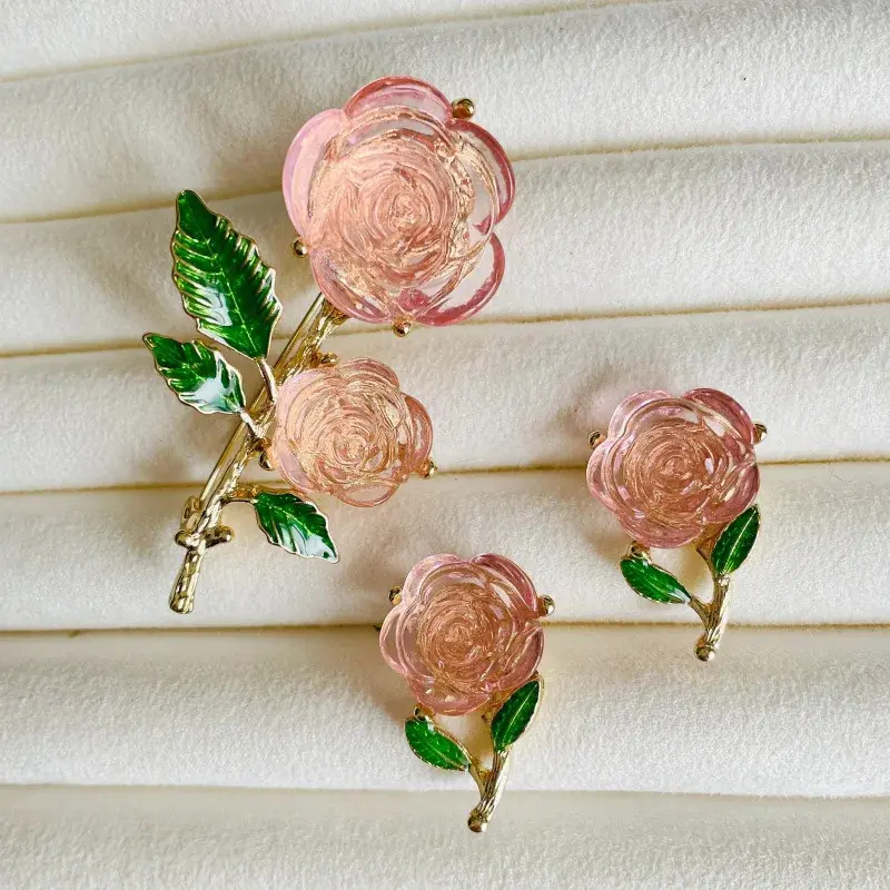 Vintage Rose Flower Brooch, Silver Needle Earrings, Enamel Drops, Green Leaves, Women's Ice Crystal, Powdery Feeling Brooch 3