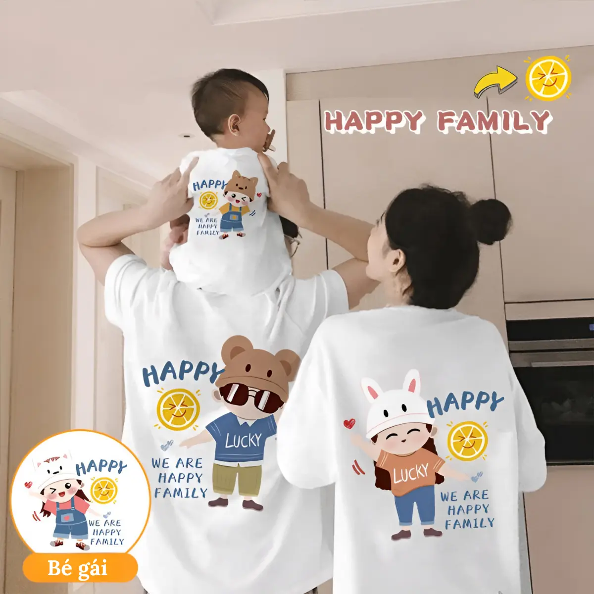 Áo gia đình cao cấp hoạ tiết HAPPY in 2 mặt sắc nét, chất cotton mềm mại, co dãn thoáng mát - YAYA STORE