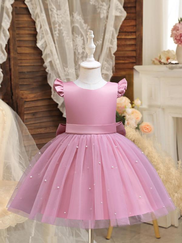 Girl's Faux Pearls Decor Big Bow Round Neck Dress, Elegant Sleeveless Contrast Mesh Dress for Party Wedding Guest, Kids Summer Clothes 0