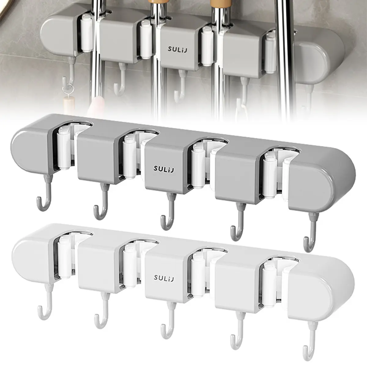 Broom Mop Holder with Hooks Wall Mounted Broom Storage Rack No Drilling Self-Adhesive Mop Broom Organizer Mop Holder Hanger for Bathroom Office Kitchen Closet Garage 8Lg74