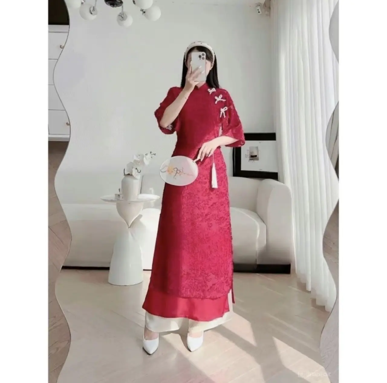 Áo dài cách tân lông yến phương phối nơ cách dieu