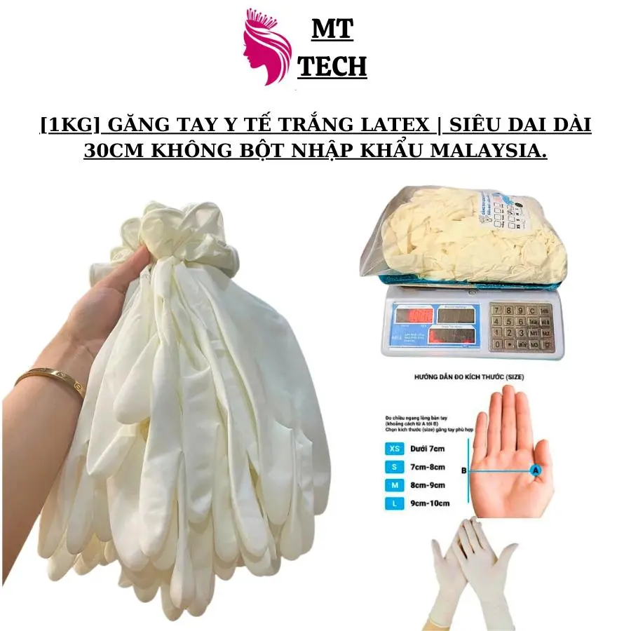 [1KG] Găng Tay Y Tế Trắng Latex | Siêu Dai Dài 30cm Không Bột | Nhập Khẩu Malaysia Size S M L XL.