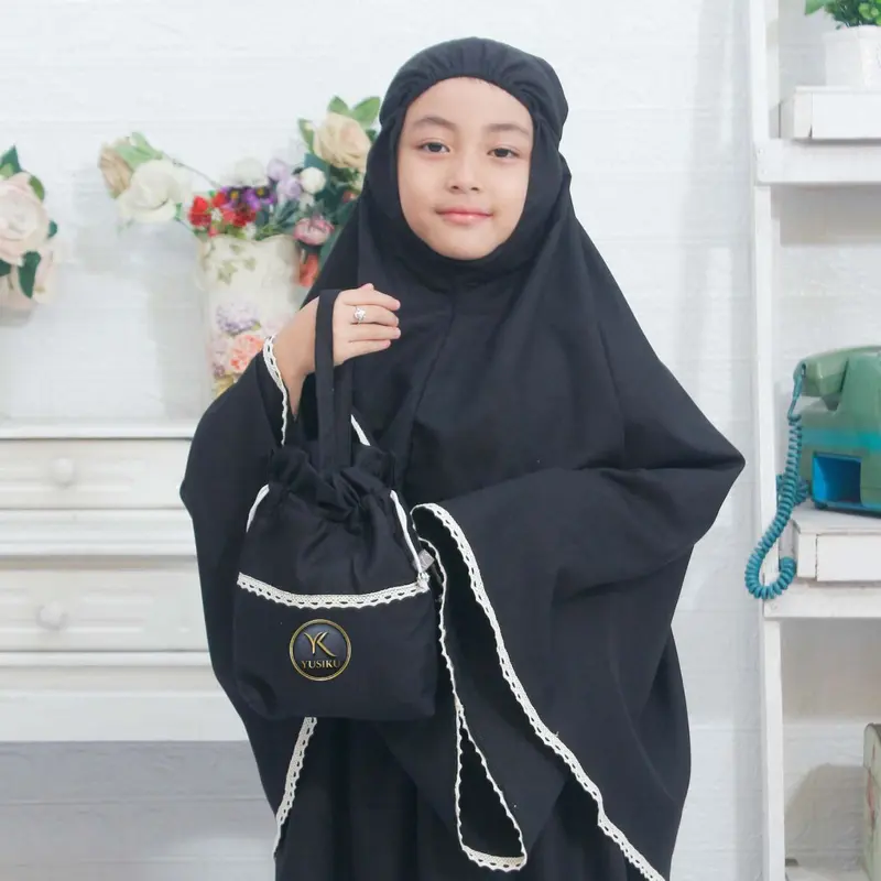 Mukena Anak Wanita Si Kembar Katun Renda Rajut Polos Muslim Baju Syari Setelan - YUSIKU - Gamis, Remaja 5