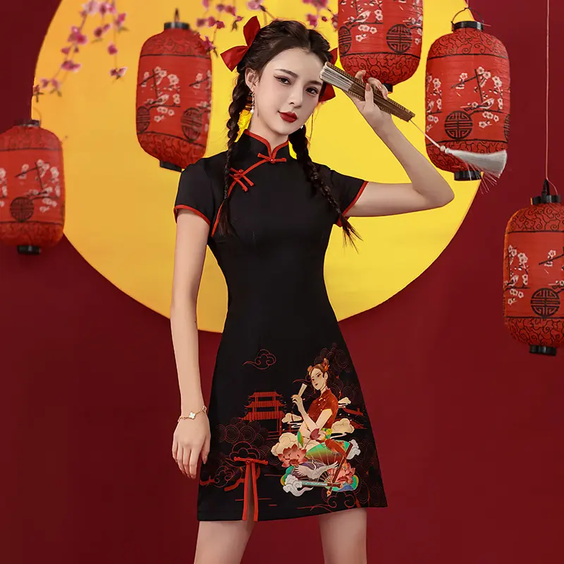 Sườn Xám Thời Trang Trung Quốc, Phong Cách Trung Quốc,  Mới, Phong Cách Trung Quốc, Thiết Kế Nhỏ, Lớn, Ngắn, Hoàn Hảo Cho Cô Gái Trẻ, Màu Đen, Phong Cách Trung Quốc Dress Women 2