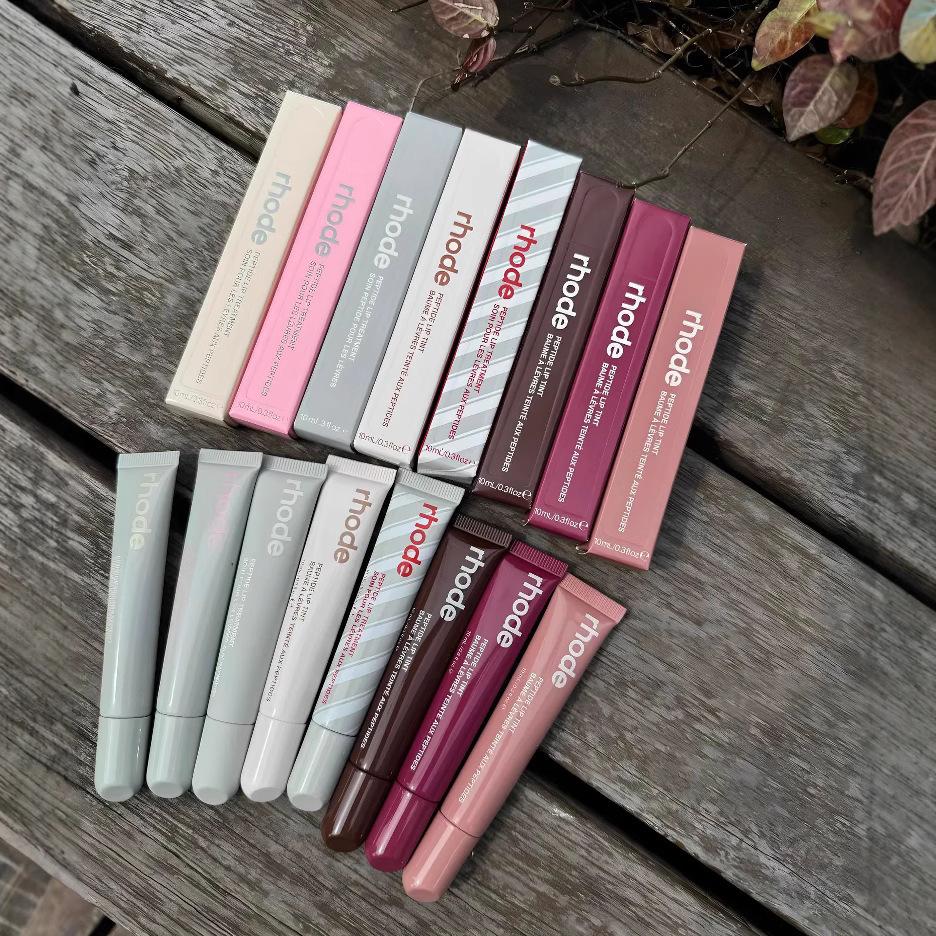 Rhode Glossy Lip Tint in Ribbon/Toast shades, moisturizing