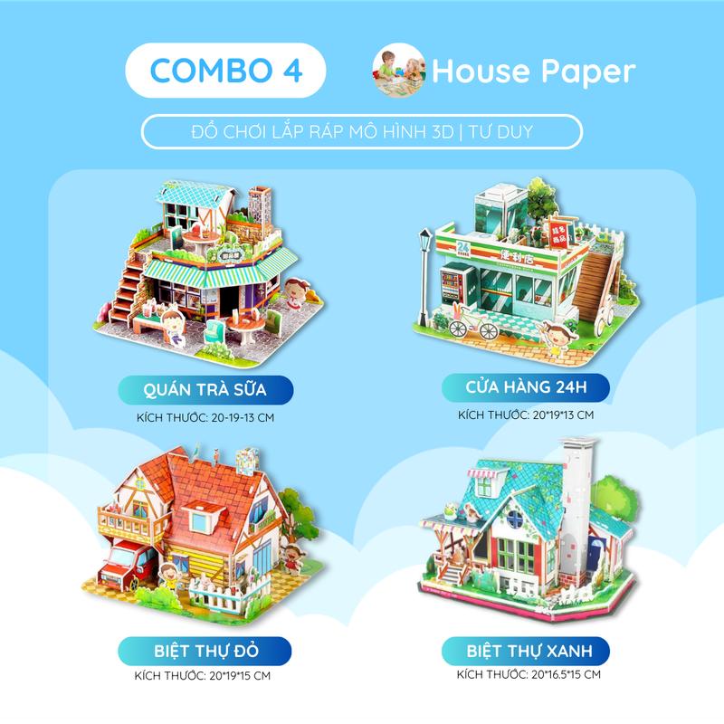 Combo 4 mô hình lắp ráp: 2 Biệt Thự, Trà Sữa, Cửa Hàng Tiện Lợi - Đồ chơi thông minh lắp ráp mô hình 3D bằng xốp cho bé Bộ Lắp Ráp Tháo Lắp