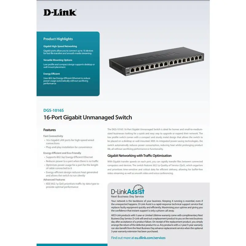 D-Link DGS-1016S 16-port Unmanaged Standalone Slim Gigabit Switch 3