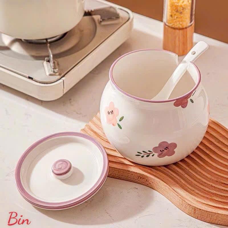 HŨ GỐM SỨ ĐỰNG MỠ HÌNH HOA, ĐỰNG GIA VỊ, CÓ NẮP + THÌA, CHỊU NHIỆT CAO, HỌA TIẾT HOA VĂN ĐẸP 700-1400ml 1
