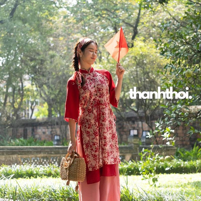 Set Áo dài cách tân nữ hoa nhí thiết kế 4 tà Nhật Quang,hoạ tiết hoa nhí dáng suông, áo dài vintage màu đỏ,vàng,xanh Women Dress 1