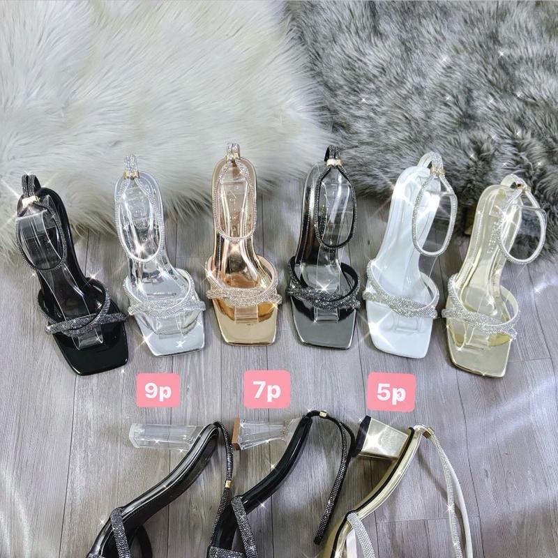 CÓ HỘP Sandal mũi vuông cao gót nữ 5-7-9cm dây đá xoắn ôm chân quai khóa kéo gót chắc chắn -GiàY Shoes