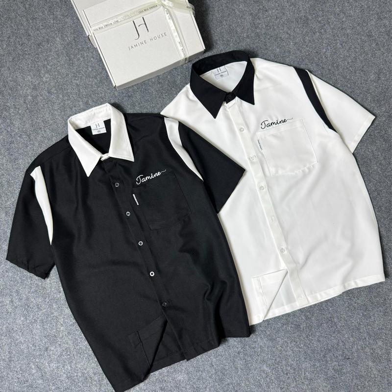  Áo sơ mi nam nữ JAMINE HOUSE tay ngắn form rộng phối màu túi họa tiết thêu cá tính trẻ trung phong cách Hàn Quốc Đen M Unisex - Thun Menswear - Tết - Xmas Tre 