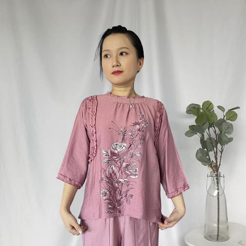 Bộ pháp phục phong cách trung niên tặng mẹ, tặng bà hoạ tiết in tinh tế truyền thống, chất liệu đũi nhật cao cấp Nữ Women Dress Áo Top Voi Jacket Nhung Quần xl đồng nâu 5