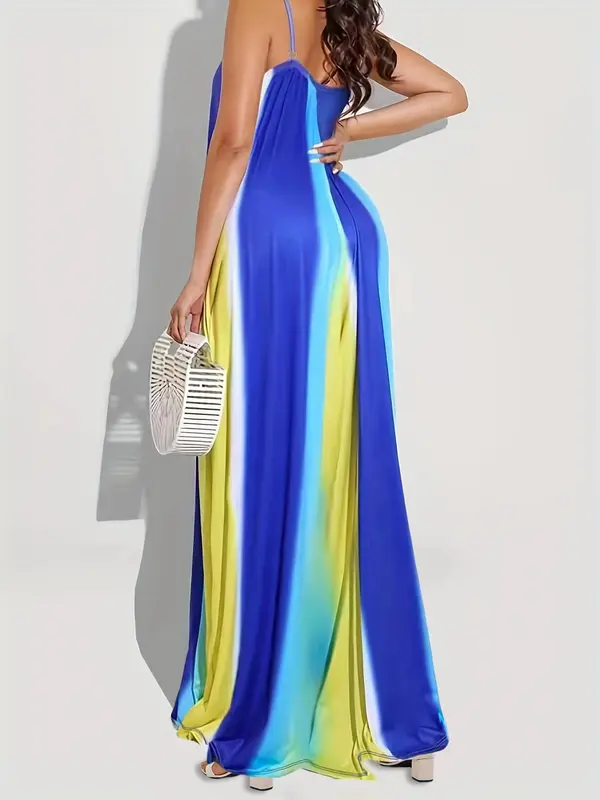 Plus Size Colorblock Backless Cami Dress, Casual Sleeveless Spaghetti Strap Long Dress for Summer, Women's Clothes for Beach Holiday 1