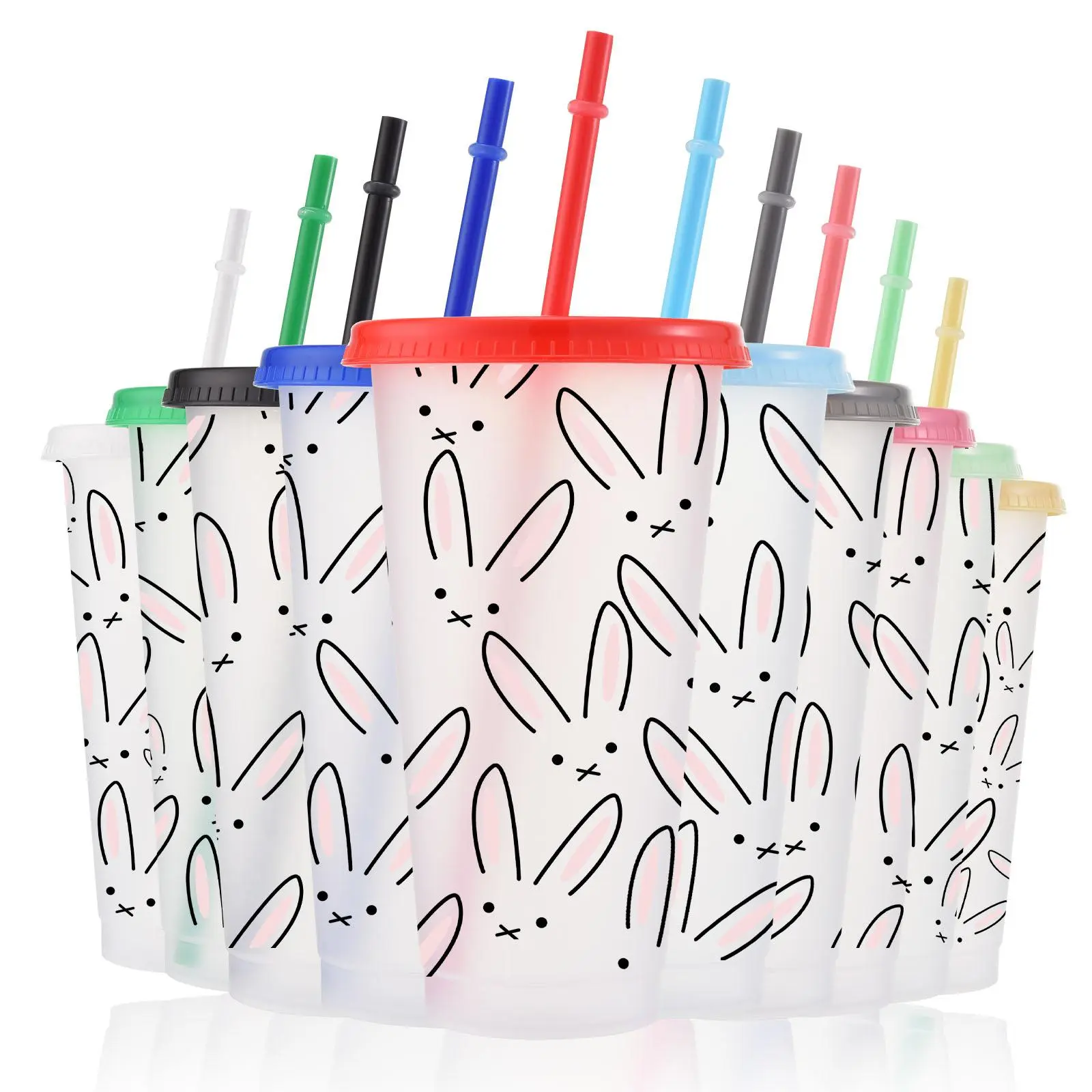 Easter Themed Plastic Cups with Straw & Lid, 10pcs/set Colorful Holiday Plastic Cups for Cold Drinks, Party Decoration, Disposable