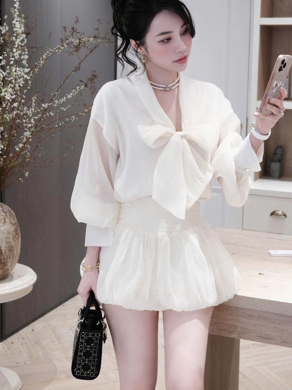 Set đầm tơ tiểu thư phối nơ chân váy bồng có lót quần bảo hộ Top Women Áo Nữ setbộ