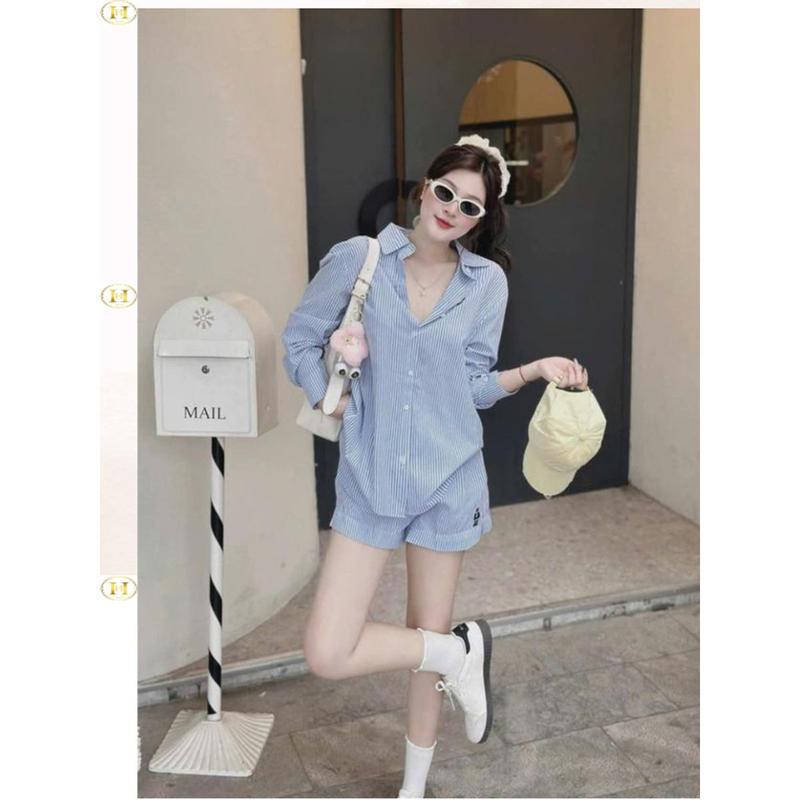 [Có tách lẻ] Set Bộ kẻ sọc thêu cún gồm áo sơ mi và quần đùi chất thô mềm, có túi, size 40-60kg, hot trend xuân hè 2025 - Top WomenStore 1