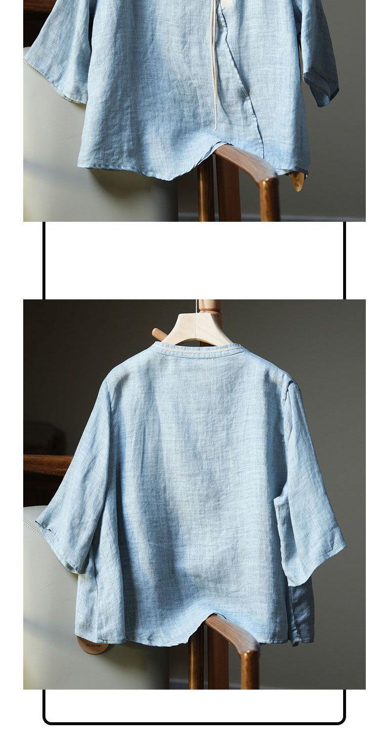 Product Introduction of Áo Sơ Mi Vải Lanh Bông Bất Đối Xứng Cổ Điển Mỏng Mùa Hè, Dành Cho Nữ, Cổ Chân Đế Chắp Vá, Tay Áo Năm Phần Tư, Áo Sơ Mi Dáng Rộng Vừa Vặn, Áo ngắn Tay Cổ Tròn 5