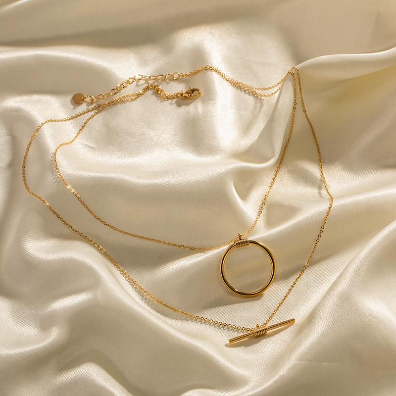 Product Introduction of INS New Fashion Twin Stainless Steel Necklace 16K Gold Plated Double round Long Stitching Necklace Ornament Wholesale 7